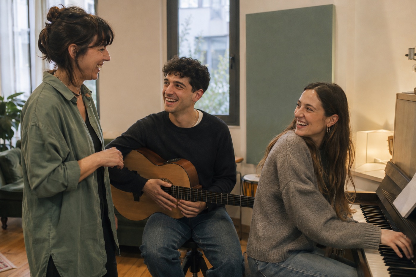 Escena conceptual de una profesora y dos alumnos compartiendo música en una escuela